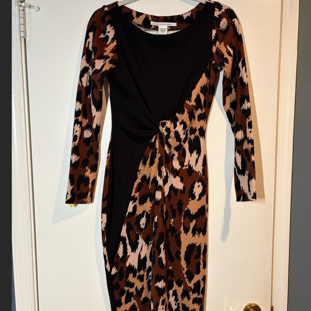 Diane Von Furstenberg Dress Size 4 Masankay Brown Black Leopard Print 100% Wool
